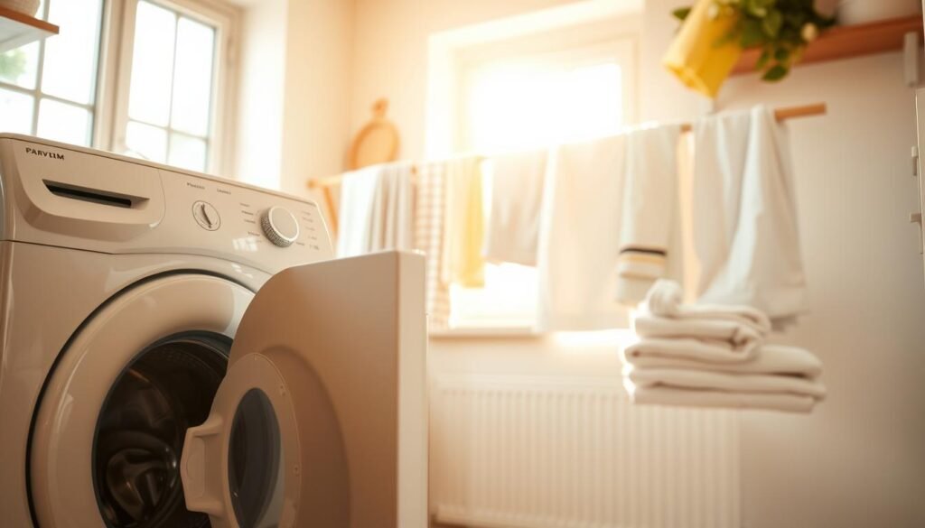 A brightly lit, warm and inviting kitchen scene. In the foreground, a spotless, gleaming white washing machine with a crisp, fresh aroma emanating from it. The machine's door is slightly ajar, revealing a neatly folded stack of just-washed, lightly fragrant clothes. The middle ground features a wooden drying rack holding an array of freshly laundered towels, sheets, and delicates, their subtle floral scent permeating the air. In the background, a large window floods the room with natural light, casting a soft, golden glow and highlighting the clean, tidy space. The overall mood is one of cleanliness, comfort, and a sense of satisfaction from a job well done.
