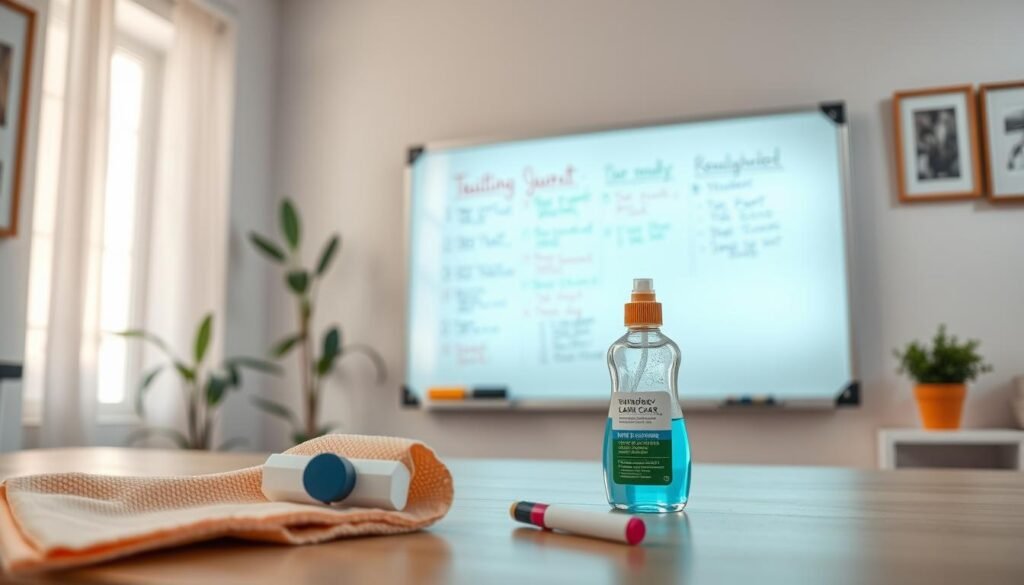 A brightly lit whiteboard in a home office, with a daily routine neatly laid out in colorful markers. In the foreground, a set of cleaning supplies - a microfiber cloth, a whiteboard eraser, and a bottle of whiteboard cleaner. The middle ground features the whiteboard itself, with a carefully organized schedule, reminders, and to-do lists. The background suggests a cozy, organized workspace, with a potted plant and a framed artwork on the wall. The lighting is soft and natural, creating a warm and productive atmosphere. The overall scene conveys a sense of efficiency, organization, and a well-established daily routine for maintaining a clean and functional whiteboard.