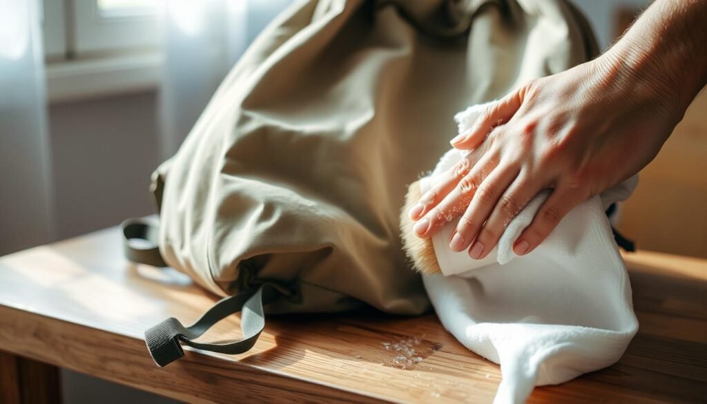A canvas backpack lies on a wooden surface, its fabric gently creased and discolored. Sunlight filters through a window, illuminating the backpack with a soft, natural glow. In the foreground, a pair of hands gently scrub the backpack's exterior using a soft-bristled brush and a mild cleaning solution, working to restore the fabric's original vibrant hue. The background is blurred, allowing the viewer to focus on the delicate process of reviving the backpack's appearance. The overall atmosphere is one of care and attention, highlighting the importance of properly maintaining different types of backpacks.