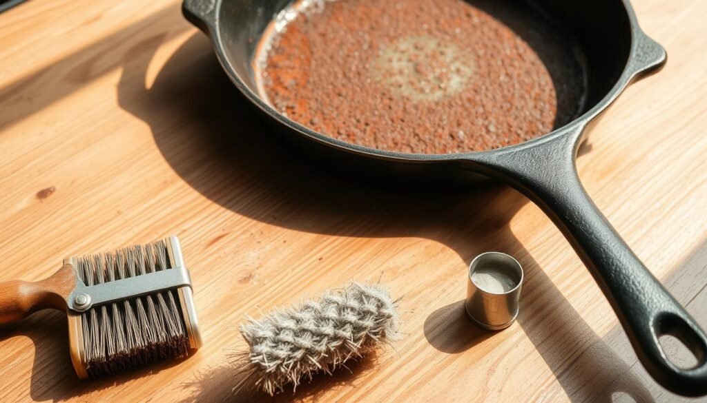 A cast iron pan, its surface covered in a layer of rust, resting on a wooden table. The pan is positioned at a slight angle, allowing the viewer to see the rough, pitted texture of the rusted metal. Soft, natural lighting illuminates the scene, casting warm shadows that accentuate the details of the pan. In the foreground, a set of tools - a wire brush, steel wool, and a small container of rust-removing solution - are arranged, hinting at the process of cleaning and restoring the cast iron piece. The overall atmosphere is one of quiet focus, inviting the viewer to imagine the steps involved in removing the rust and reviving the pan's original shine.