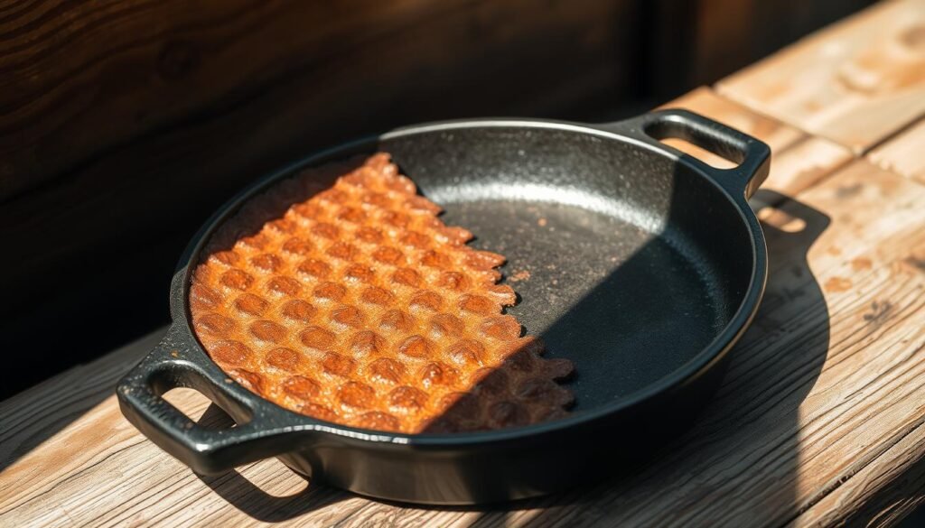 A cast iron pan resting on a rustic wooden surface, partially covered in a pattern of intricate rust formations. The pan is positioned in natural side lighting, casting warm shadows and highlights that accentuate its textured surface. The background is slightly blurred, creating a sense of focus on the pan and its distinct character. The overall mood is one of weathered elegance, reflecting the timeless appeal of well-seasoned cast iron cookware.