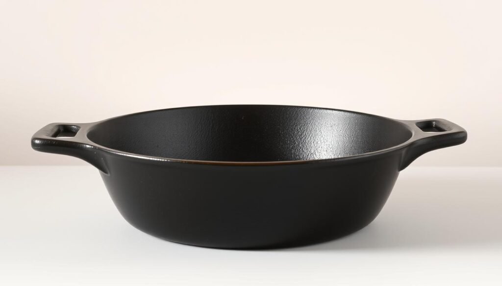 A cast iron pan with a well-seasoned matte black surface, gleaming with a warm, rustic patina. The pan is set against a neutral background, with soft, even lighting from the side, casting gentle shadows that accentuate the pan's elegant, slightly weathered form. The pan's surface is free of any visible rust or blemishes, reflecting the pan's history of careful maintenance and care. The overall mood is one of culinary tradition and artisanal craftsmanship, inviting the viewer to imagine the delicious meals that have been prepared in this trusty, time-honored kitchen tool.