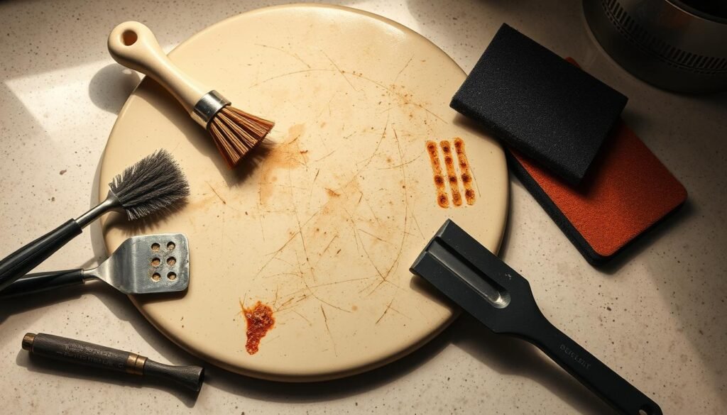 A ceramic pizza stone sits on a kitchen counter, its once smooth surface scarred with deep scratches and discolorations. Nearby, a handful of ill-advised cleaning tools - a wire brush, a metal spatula, and a heavy-duty scouring pad - lie discarded, their abrasive nature having irreparably damaged the stone's delicate finish. The scene is bathed in harsh overhead lighting, casting harsh shadows that accentuate the stone's blemishes. The overall mood is one of regret and cautionary tale, a vivid illustration of the mistakes one should avoid when maintaining a prized pizza stone.