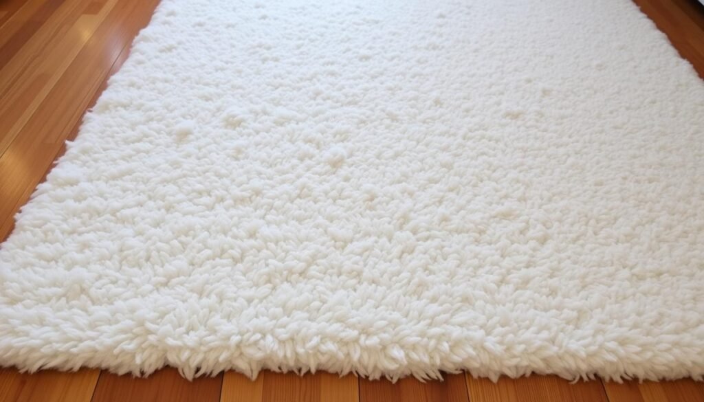 A clean, freshly washed wool rug lies on a hardwood floor, its pristine fibers glistening under soft, warm lighting. The rug's plush, even pile is free of dirt or debris, creating a inviting, cozy ambiance. The lighting is gentle and diffused, casting a subtle glow that highlights the natural sheen and texture of the wool. The rug's edges are neatly bound, framing the pristine surface. The overall scene conveys a sense of tranquility and cleanliness, perfectly suited to illustrate the process of gentle, effective wool rug cleaning.