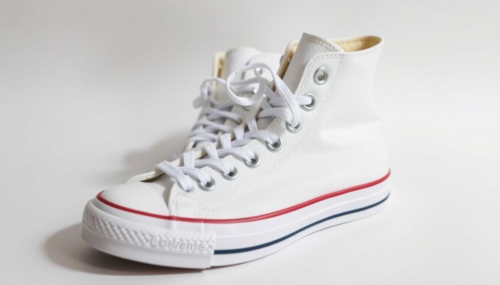 A clean pair of white Converse sneakers, freshly washed and gleaming under soft, natural lighting. The canvas upper is free of scuffs or stains, the rubber soles bright and unblemished. The laces are crisp and tidy, the eyelets untarnished. The shoes are presented against a plain, white background, allowing the clean, classic silhouette to take center stage. The image conveys a sense of freshness and simplicity, highlighting the timeless appeal of well-maintained Converse footwear.