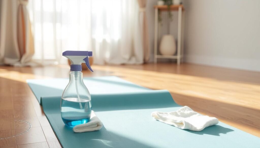 A clean, well-cared-for yoga mat rests on a hardwood floor, bathed in soft, natural light filtering through sheer curtains. In the foreground, a spray bottle and a clean, plush cloth suggest a recent cleaning session. The mat's surface is free of dust, dirt, or grime, its vibrant colors and textures preserved. In the background, a calming, minimalist decor sets the stage for a mindful yoga practice, emphasizing the importance of maintaining a clean and hygienic practice space. The overall scene conveys a sense of tranquility and wellness, reflecting the recommended cleaning frequency for a yoga mat's longevity and user comfort.
