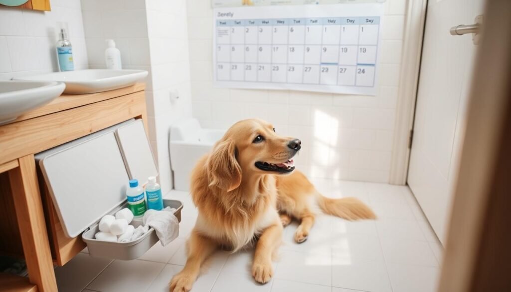 A clean, well-lit bathroom setting with a white tiled floor and a wooden vanity. On the vanity, an open grooming kit containing dog ear cleaning supplies - cotton balls, liquid ear cleaner, and a soft cloth. A calendar on the wall displays a weekly schedule for dog ear cleaning, with each day marked. A friendly golden retriever sits patiently on the floor, their ear tilted back, ready for their routine ear care. Warm, natural lighting floods the scene, conveying a sense of care and attentiveness.
