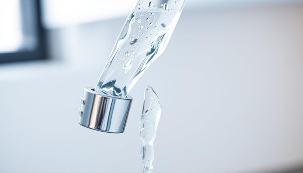 A clean, well-lit close-up of a modern water supply line for an ice maker, featuring a shiny metal or plastic pipe with clear, pristine water flowing through it. The pipe is prominently displayed in the foreground, with a soft, blurred background that suggests a kitchen or utility room setting. The lighting is natural and diffused, creating a bright, airy atmosphere. The image should convey a sense of cleanliness, functionality, and attention to detail, reflecting the importance of maintaining a healthy water supply for a Frigidaire ice maker.
