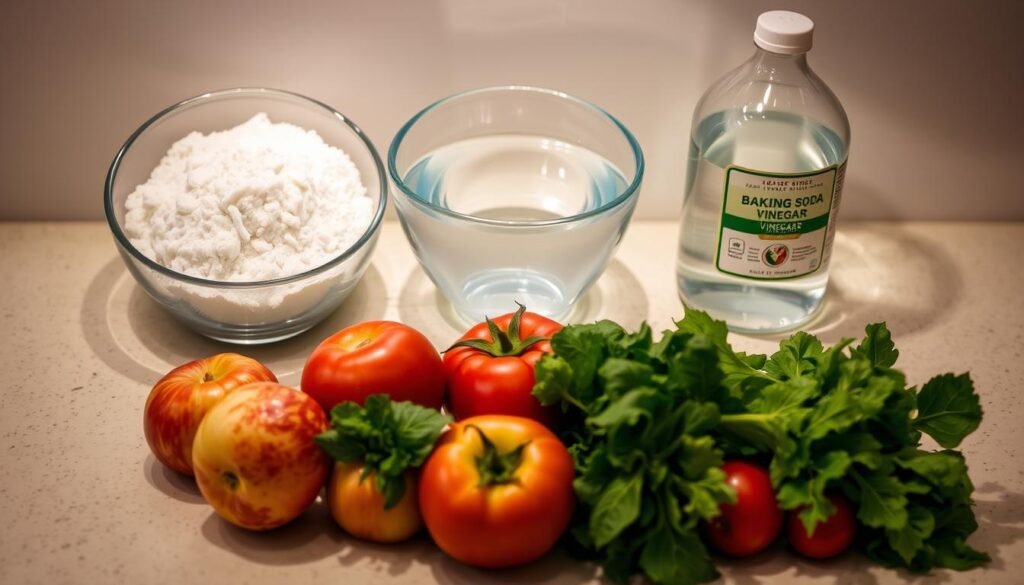 A clean, well-lit countertop showcases three distinct bowls: one filled with baking soda, another with clear water, and a third with a vinegar-based produce wash. The baking soda glistens under a soft, directional light, while the water and vinegar solutions reflect the scene's warm tones. In the foreground, an assortment of freshly washed fruits and vegetables - crisp apples, plump tomatoes, and leafy greens - sit atop the counter, highlighting the effectiveness of each cleaning method. The image conveys a sense of scientific exploration, inviting the viewer to compare the merits of these common household ingredients for produce cleanliness.