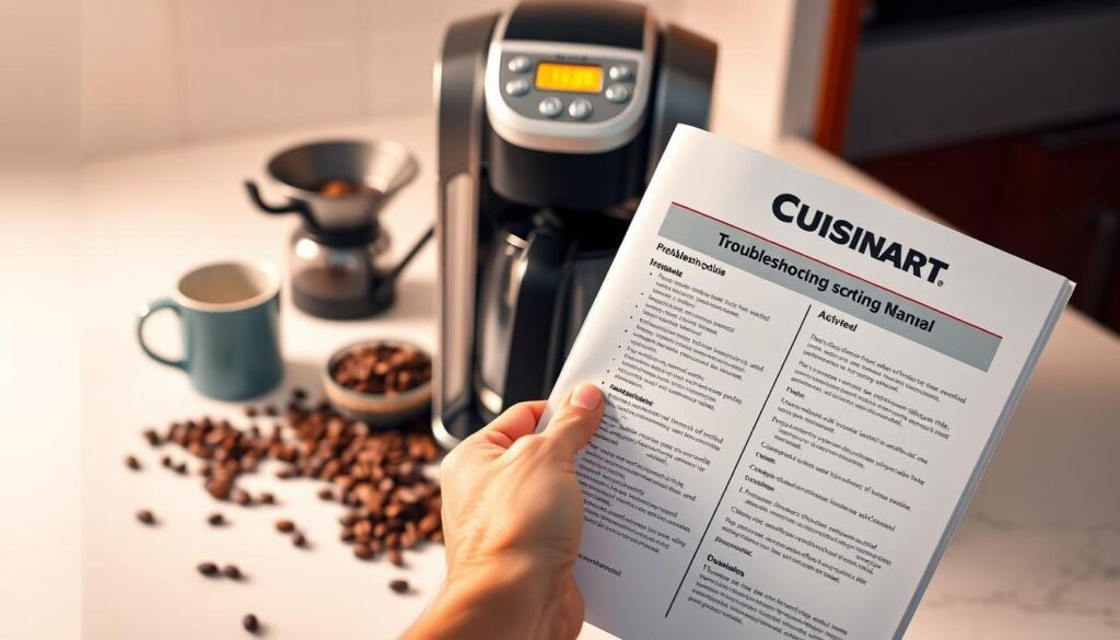 A clean, well-lit countertop with a Cuisinart coffee maker in the center, its digital display panel illuminated, surrounded by scattered coffee beans, a filter, and a mug. In the foreground, a hand holds an instruction manual, open to a troubleshooting guide page. The background is softly blurred, creating a focus on the coffee maker and the troubleshooting process. The lighting is warm and inviting, reflecting the user's desire to maintain and problem-solve their reliable coffee maker. The overall atmosphere conveys a sense of determination and problem-solving.