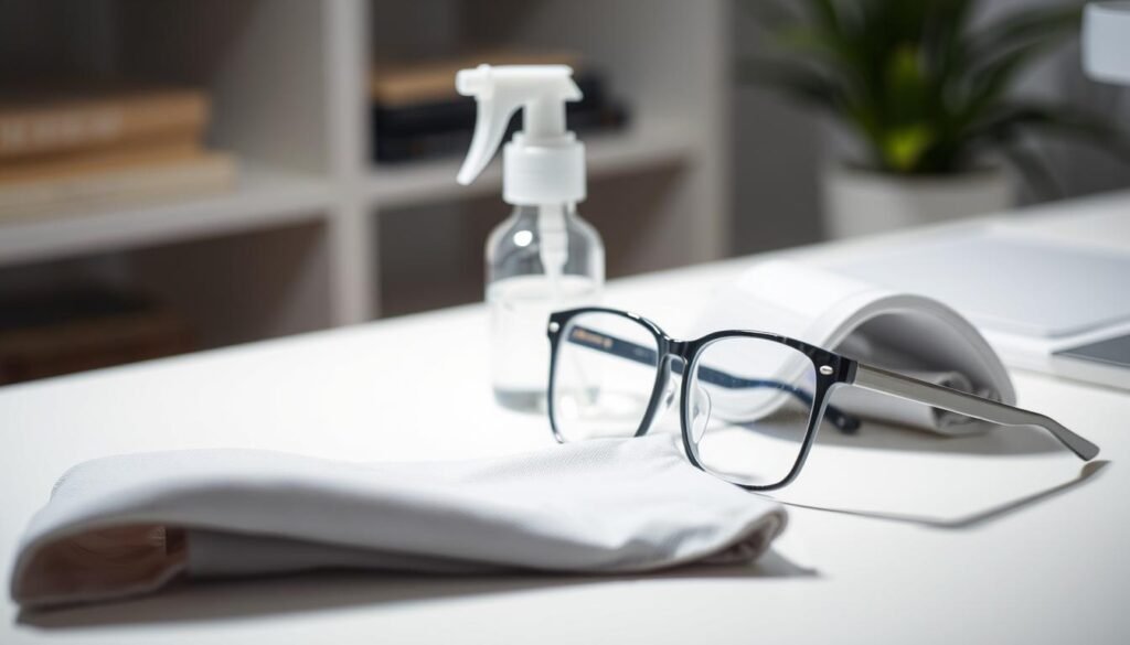 A clean, well-lit desktop setting with a pair of eyeglasses on a white surface. In the foreground, a microfiber cloth is gently wiping the lenses, removing any smudges or dust. In the middle ground, a small spray bottle filled with a specialized eyeglass cleaning solution is positioned next to the glasses. The background features a soft, blurred out scene, perhaps a bookshelf or a plant, creating a calming and focused atmosphere. The image conveys a sense of care and attention to detail in the steps required to properly clean and maintain eyeglasses.