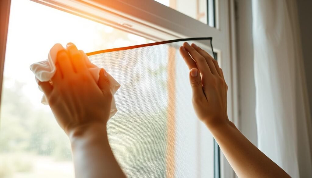 A clean, well-lit home interior with a large window frame in the foreground. A person's hands carefully wiping down a removable window screen, using a soft cloth and gentle strokes. The screen is slightly dirty, with small dust particles and debris visible. The background is blurred, suggesting a tranquil, domestic setting. Warm, natural lighting filters through the clean glass, creating a sense of brightness and clarity. The angle emphasizes the process of screen cleaning, highlighting the attention to detail and the care being taken to prepare the screen for reinstallation. A clean, well-lit home interior with a large window frame in the foreground. A person's hands carefully wiping down a removable window screen, using a soft cloth and gentle strokes. The screen is slightly dirty, with small dust particles and debris visible. The background is blurred, suggesting a tranquil, domestic setting. Warm, natural lighting filters through the clean glass, creating a sense of brightness and clarity. The angle emphasizes the process of screen cleaning, highlighting the attention to detail and the care being taken to prepare the screen for reinstallation.