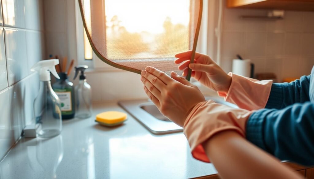 A clean, well-lit kitchen counter with an assortment of cleaning supplies, including a spray bottle, sponge, and a pair of rubber gloves. In the foreground, a person's hands carefully removing a window screen, revealing the clear glass behind. The scene is bathed in warm, natural lighting, creating a sense of tranquility and efficiency. The overall atmosphere conveys a step-by-step approach to a routine household task, with the focus on the simplicity and effectiveness of the cleaning process. A clean, well-lit kitchen counter with an assortment of cleaning supplies, including a spray bottle, sponge, and a pair of rubber gloves. In the foreground, a person's hands carefully removing a window screen, revealing the clear glass behind. The scene is bathed in warm, natural lighting, creating a sense of tranquility and efficiency. The overall atmosphere conveys a step-by-step approach to a routine household task, with the focus on the simplicity and effectiveness of the cleaning process.