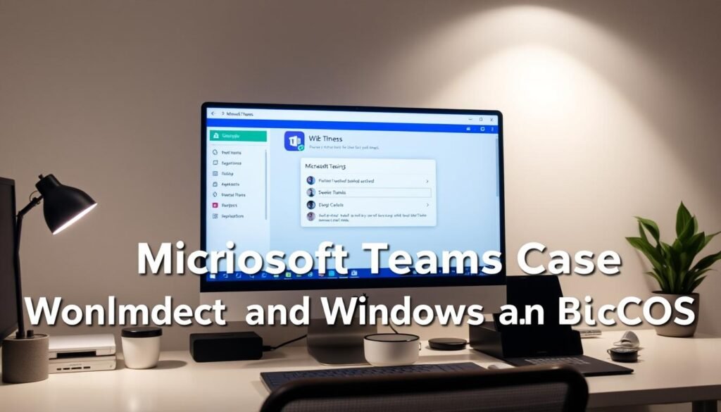 A clean, well-lit office space with a desktop computer and various digital devices. On the computer screen, a Microsoft Teams application window is prominently displayed, showcasing the software's caching system. The desktop is neatly organized, with minimalist decor and indirect lighting creating a calming, professional atmosphere. The scene conveys a sense of efficiency and ease of use, reflecting the topic of clearing the Microsoft Teams cache on Windows and macOS devices.