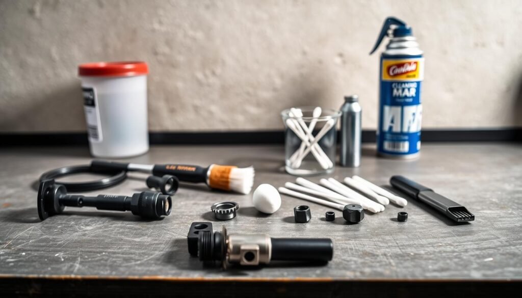 A clean, well-lit workshop setting with a disassembled MAF sensor and tools laid out in an orderly fashion on a workbench. In the foreground, the MAF sensor components are displayed prominently, showcasing the various parts that need cleaning. In the middle ground, a set of specialized cleaning tools, such as a brush, cotton swabs, and a can of compressed air, are arranged neatly. The background features a blurred, neutral-colored wall, placing the focus solely on the MAF sensor and the cleaning process. The overall scene conveys a sense of technical expertise and attention to detail, suitable for illustrating a step-by-step guide on MAF sensor cleaning.