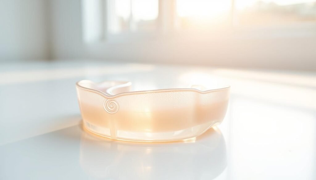 A clean, well-maintained mouth guard resting on a spotless, white surface, illuminated by warm, natural lighting from a large window. The guard is the clear focal point, its intricate contours and grooves visible, suggesting thorough scrubbing and disinfection. The background is a minimalist, uncluttered space, conveying a sense of cleanliness and order, emphasizing the importance of regular mouth guard maintenance. The overall scene evokes a feeling of attention to detail and commitment to oral hygiene.