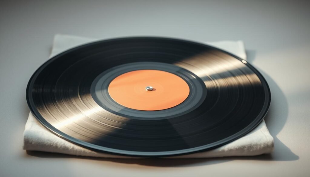 A clean, well-preserved vinyl record resting on a soft, lint-free cloth, illuminated by soft, diffused lighting. The record's surface appears pristine, with no visible scratches or dust. The lighting creates subtle highlights and reflections, emphasizing the record's smooth, glossy finish. The background is a muted, neutral tone, allowing the record to be the focal point. The composition is balanced and centered, conveying a sense of order and care. The overall mood is one of tranquility and attention to detail, reflecting the importance of maintaining the integrity of the vinyl medium.