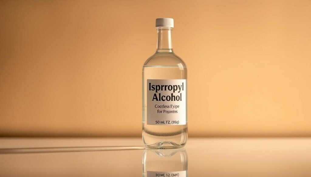 A clear glass bottle filled with a transparent liquid, labeled "Isopropyl Alcohol". The bottle is placed on a flat, reflective surface, creating a subtle mirrored effect. The lighting is warm and diffused, casting a soft glow on the scene. The background is minimalist, with a muted, neutral color palette that allows the bottle to take center stage. The overall composition emphasizes the cleanliness, purity, and utility of the isopropyl alcohol as a cleaning agent, perfectly suited for the "Spotless Pipe" section of the article.