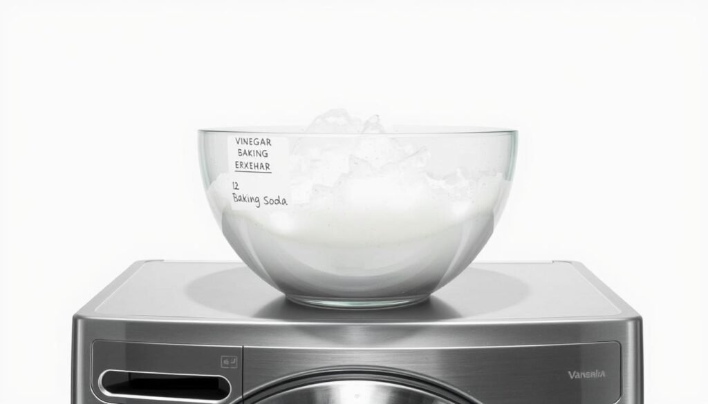 A clear glass bowl filled with foaming, effervescent liquid as vinegar and baking soda react, creating a dynamic, swirling pattern. The bowl sits atop a sleek, modern washing machine, the metal appliance gleaming under bright, directional lighting. The background is a crisp, clean white, allowing the chemistry experiment to take center stage. The scene conveys a sense of scientific curiosity and the power of simple household ingredients to tackle tough cleaning tasks, perfectly illustrating the "Deep Clean Method: Vinegar and Baking Soda Hot Cycle" section of the article.