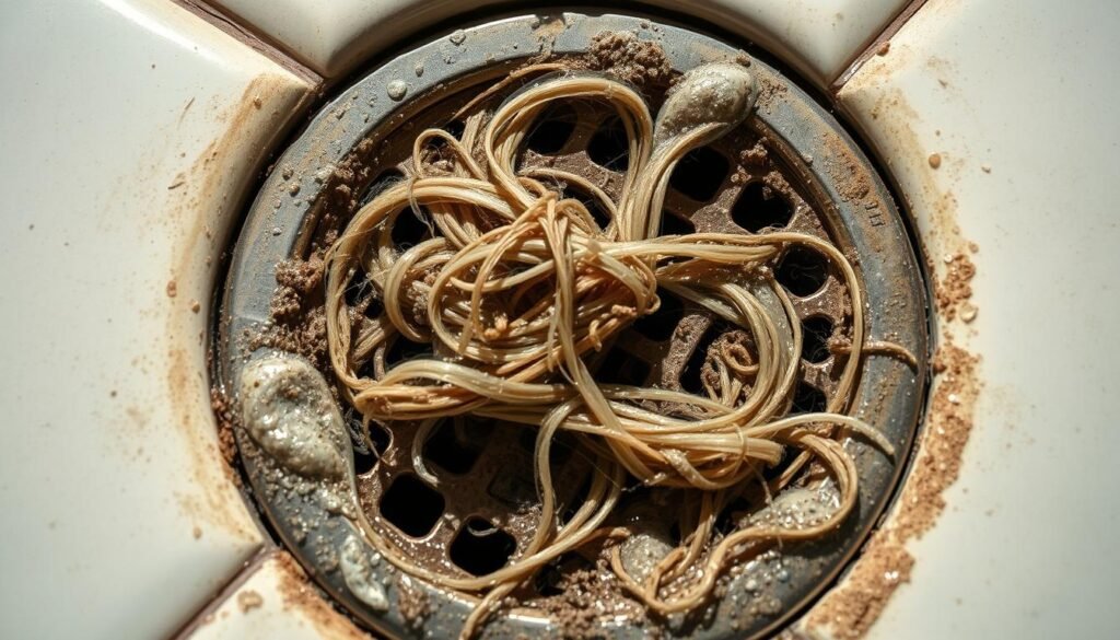 A clogged shower drain, the bane of many bathrooms. A close-up view reveals a tangled mess of hair, soap scum, and grime, clogging the drain's grate. The lighting is harsh, casting dramatic shadows that highlight the unpleasant buildup. The drain's metallic surface is tarnished, adding to the sense of neglect. The surrounding tiles are discolored, suggesting a long-standing issue. The mood is one of frustration and the need for immediate attention. This image captures the quintessential problem that homeowners face, emphasizing the importance of seeking professional help when DIY methods prove insufficient.