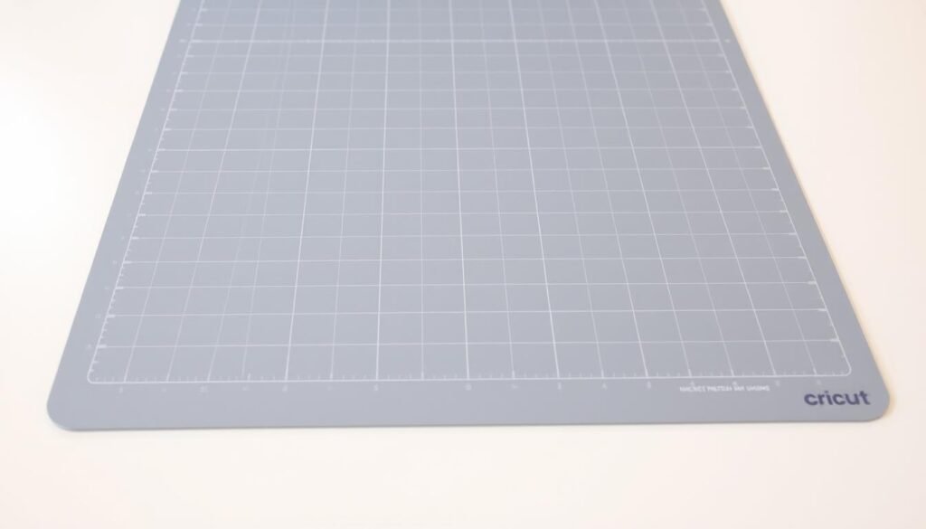 A close-up, detailed photograph of a used Cricut cutting mat, with a slightly worn but still sticky surface. The mat is positioned on a flat, well-lit surface, such as a clean, white table or workspace. The lighting is soft and diffused, creating an even, natural-looking illumination that highlights the texture and sheen of the mat's surface. The angle of the shot emphasizes the mat's front-facing area, showcasing its sticky qualities and the subtle signs of wear. The background is uncluttered, allowing the mat to be the central focus of the image, conveying a sense of simplicity and clarity.