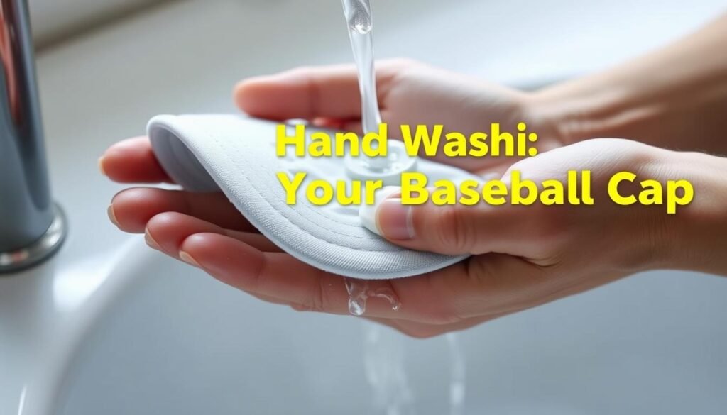 A close-up, high-resolution photograph of a person's hands gently scrubbing a white baseball cap under a gentle stream of warm water. The cap is held at a slight angle, allowing the water to flow over the surface and into the palm. The hands are using a mild soap, creating a light lather that clings to the fabric. The lighting is soft and diffused, creating a calm, serene atmosphere. The background is blurred, placing the focus on the delicate cleaning process. The image conveys a sense of care and attention to detail, perfectly capturing the "Hand Washing Your Baseball Cap" section of the article. A close-up, high-resolution photograph of a person's hands gently scrubbing a white baseball cap under a gentle stream of warm water. The cap is held at a slight angle, allowing the water to flow over the surface and into the palm. The hands are using a mild soap, creating a light lather that clings to the fabric. The lighting is soft and diffused, creating a calm, serene atmosphere. The background is blurred, placing the focus on the delicate cleaning process. The image conveys a sense of care and attention to detail, perfectly capturing the "Hand Washing Your Baseball Cap" section of the article.