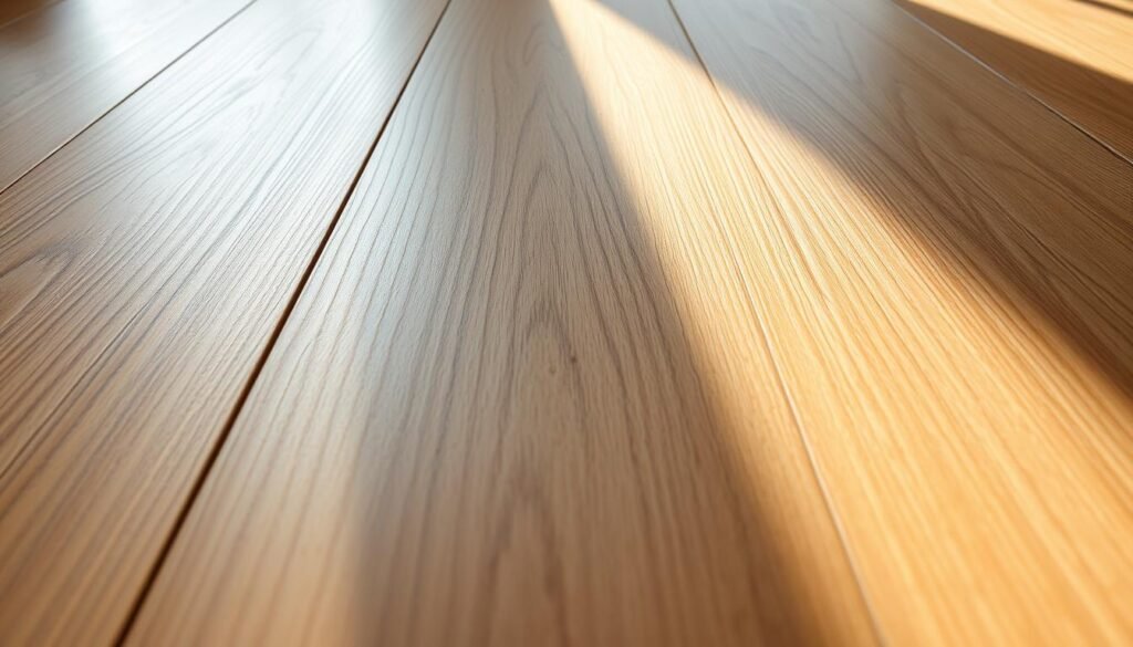 A close-up, high-resolution photograph of a textured vinyl plank flooring surface, with natural lighting casting a warm, inviting glow. The planks have a realistic wood grain pattern, with a matte, smooth finish that captures the sheen and depth of real hardwood. The image is captured from a low angle, highlighting the subtle details and ridges of the material. The floor is free from any dirt, dust, or blemishes, appearing spotlessly clean and well-maintained. The overall composition and lighting create a sense of cleanliness, durability, and the high-quality appearance of luxury vinyl plank flooring.