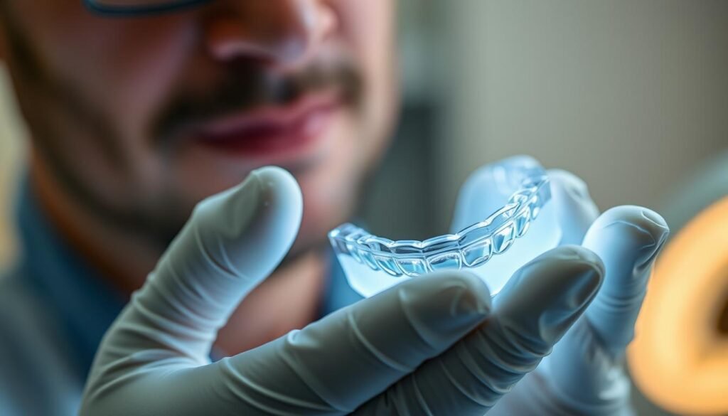 A close-up of a dentist's examination of a custom-fitted night guard, illuminated by a soft, clinical lighting. The guard is held in the dentist's gloved hands, revealing its intricate structure and smooth, transparent material. The dentist's face is partially visible, their expression focused and professional as they inspect the night guard's fit and condition. The background is blurred, emphasizing the detailed examination at hand. The atmosphere conveys a sense of care and attention to detail, reflecting the importance of maintaining and replacing one's night guard for optimal dental health.