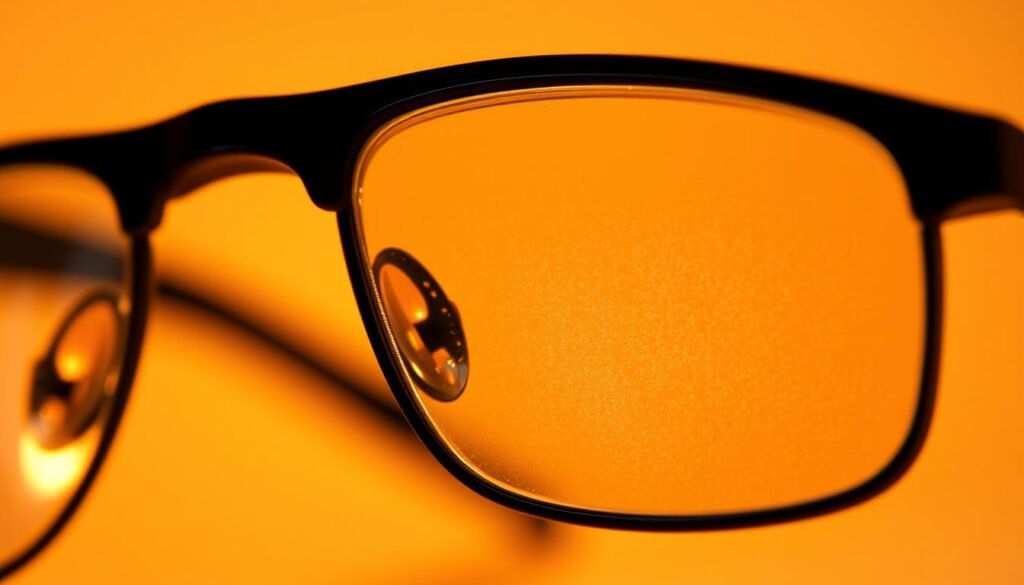 A close-up of a set of scratch-resistant eyeglass lenses, their surface shimmering under warm, diffused lighting. The lenses are made of durable, transparent material with a subtle anti-reflective coating, appearing sleek and modern. The edges are smoothly polished, seamlessly transitioning to the frame. In the background, a soft, blurred gradient adds depth and emphasis to the focal point - the resilient, protected lenses.