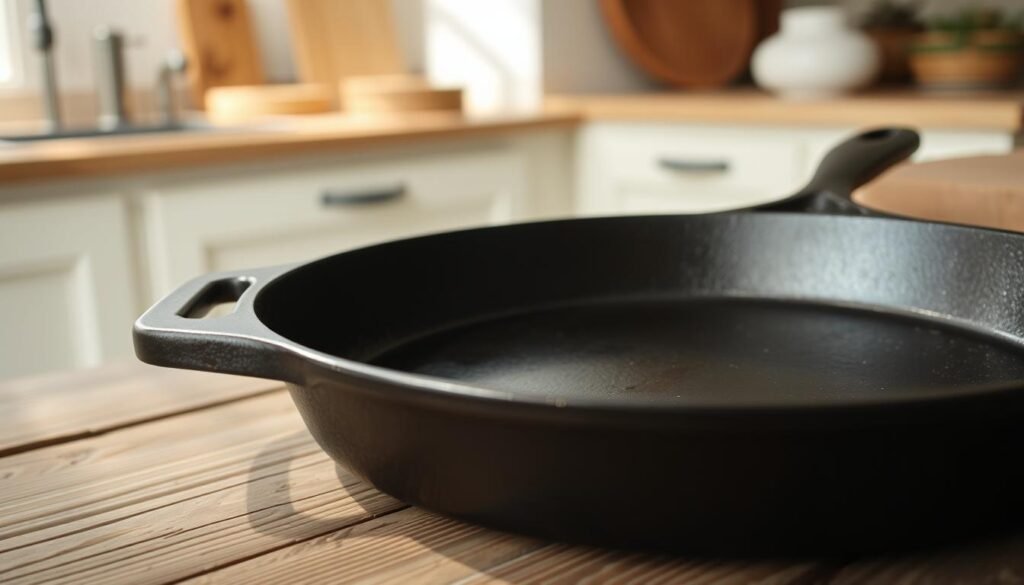 A close-up of a well-seasoned cast iron skillet, its surface gleaming with a dark patina. The skillet is positioned on a rustic wooden table, surrounded by a soft natural light that accentuates its tactile texture. In the background, a simple, minimalist kitchen setting with hints of earthy tones and natural materials creates a calming, homely atmosphere. The image conveys the care and attention required to maintain the longevity and performance of a beloved cast iron pan, reflecting the specific section of the article on the proper handling of non-stick and cast iron cookware.