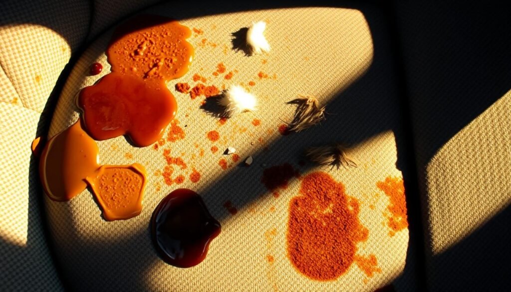 A close-up of various tough stains on a textured cloth car seat. In the foreground, a coffee splash, a dollop of grease, and a smear of sunscreen. In the middle ground, a few pet hair tufts and mystery spots. The lighting is warm and directional, casting long shadows and highlighting the textures. The image has a moody, dramatic atmosphere, conveying the challenge of cleaning these persistent blemishes.