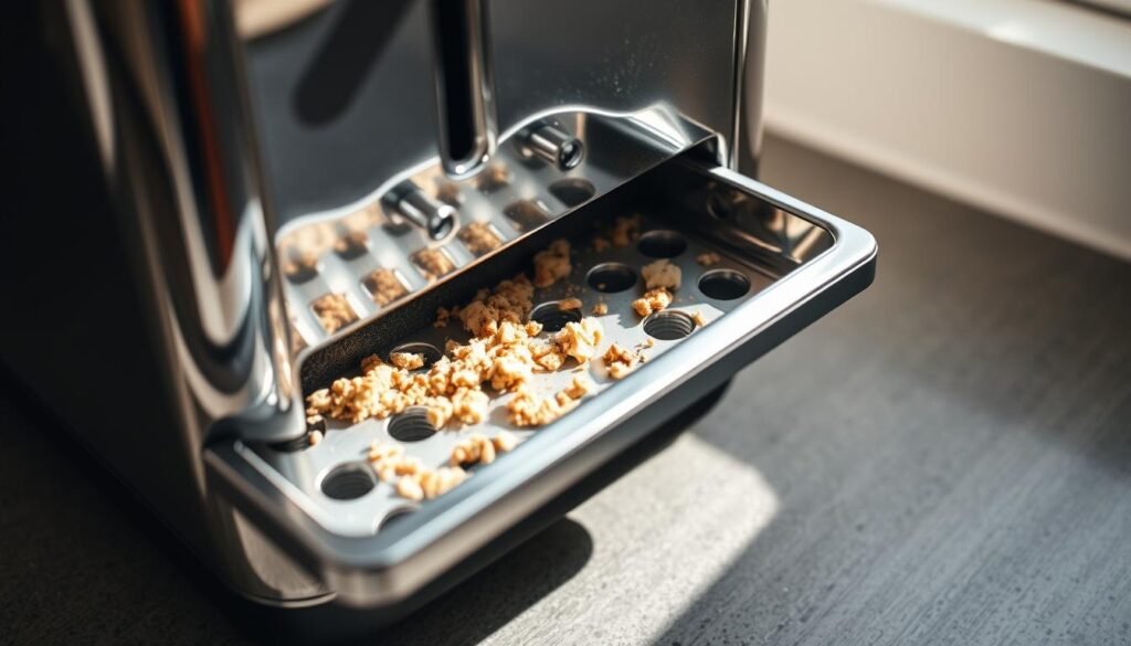 A close-up photograph of a gleaming metal toaster, its crumb tray gently pulled out, revealing the accumulated crumbs and debris nestled within. The lighting is soft and natural, casting gentle shadows that highlight the crisp details of the appliance. The frame is centered on the tray, allowing the viewer to focus on the task at hand - removing and cleaning this essential component for a spotless toaster. The overall tone is one of cleanliness and organization, inviting the viewer to embark on the satisfying journey of maintaining their kitchen appliance.
