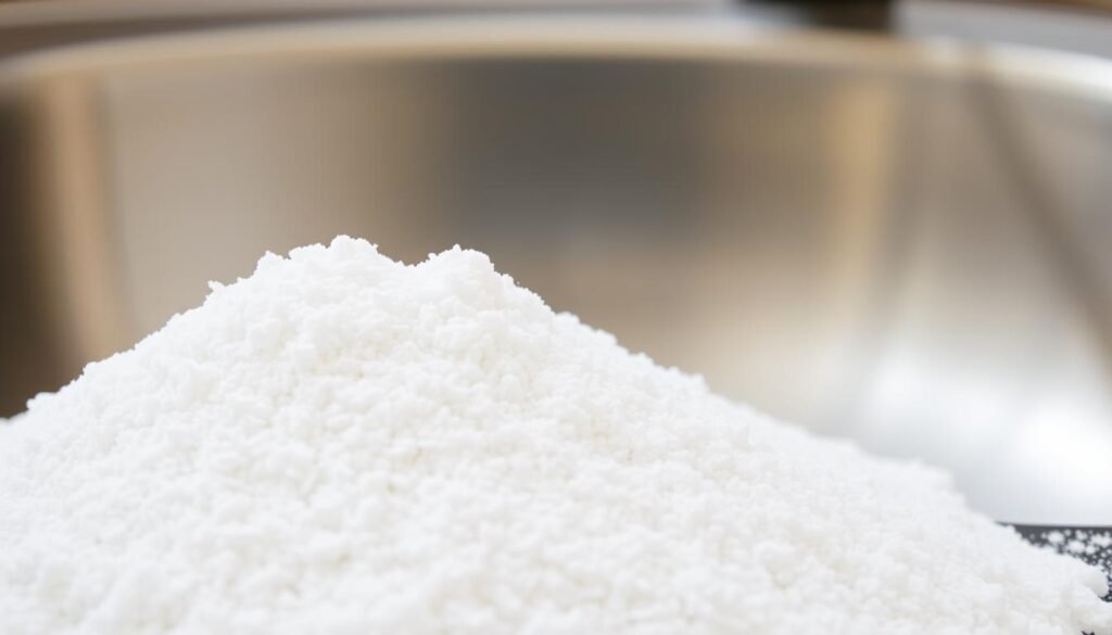 A close-up photograph of a pile of baking soda in the foreground, with a stainless steel sink basin and faucet visible in the background. The baking soda is presented in a natural, unprocessed state, with a slightly grainy texture and a bright, clean white color. The lighting is soft and diffused, casting gentle shadows that accentuate the texture and shape of the baking soda. The stainless steel sink is gleaming, suggesting a well-maintained and spotless surface. The overall mood is one of simplicity, cleanliness, and the effectiveness of baking soda as a versatile cleaning agent.