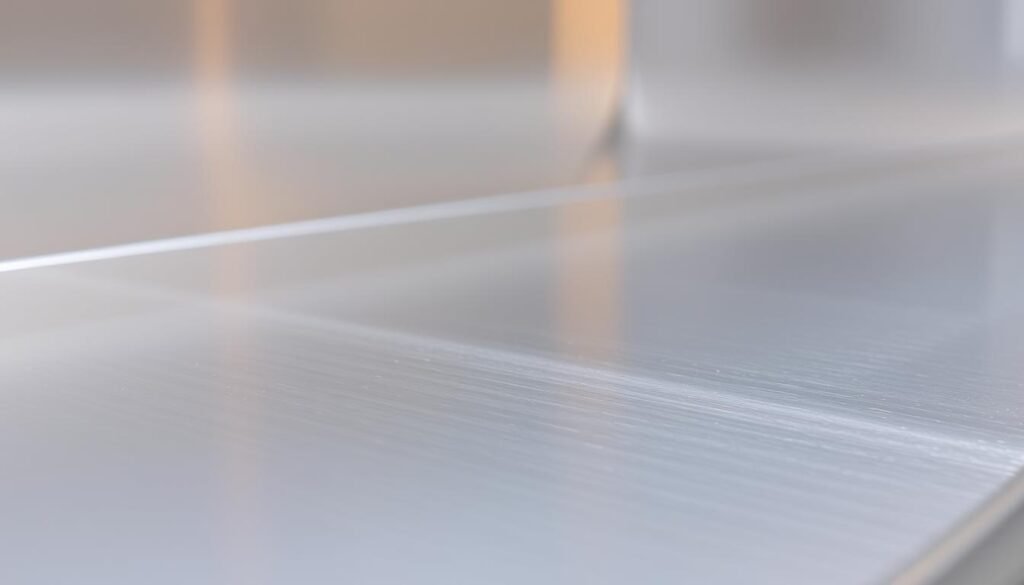 A close-up shot of a shiny stainless steel surface, meticulously polished and gleaming under soft, directional lighting. The surface is free of any blemishes or discoloration, showcasing the material's natural luster. The image captures the reflective qualities of the steel, creating an almost mirror-like effect. In the background, a subtle gradient or solid color complements the steel's sleek and modern appearance, emphasizing its pristine condition. The overall composition highlights the importance of proper maintenance and preventative measures to keep stainless steel surfaces looking their best.