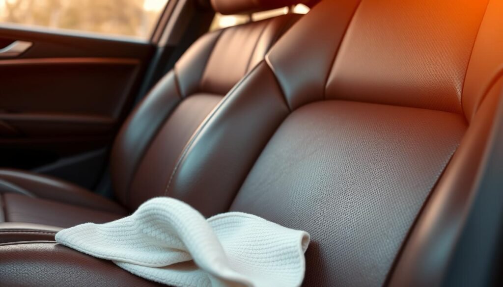 A close-up shot of leather car seats, the surface glistening with a soft sheen. The seats are slightly reclined, highlighting their supple, textured appearance. Warm, diffused lighting bathes the scene, creating a cozy, inviting atmosphere. In the foreground, a clean, soft cloth rests on the seats, ready to be used for a thorough, gentle cleaning. The background is blurred, keeping the focus on the car seats and the task at hand. The overall scene conveys a sense of care and attention to detail, setting the stage for the upcoming cleaning process. A close-up shot of leather car seats, the surface glistening with a soft sheen. The seats are slightly reclined, highlighting their supple, textured appearance. Warm, diffused lighting bathes the scene, creating a cozy, inviting atmosphere. In the foreground, a clean, soft cloth rests on the seats, ready to be used for a thorough, gentle cleaning. The background is blurred, keeping the focus on the car seats and the task at hand. The overall scene conveys a sense of care and attention to detail, setting the stage for the upcoming cleaning process.