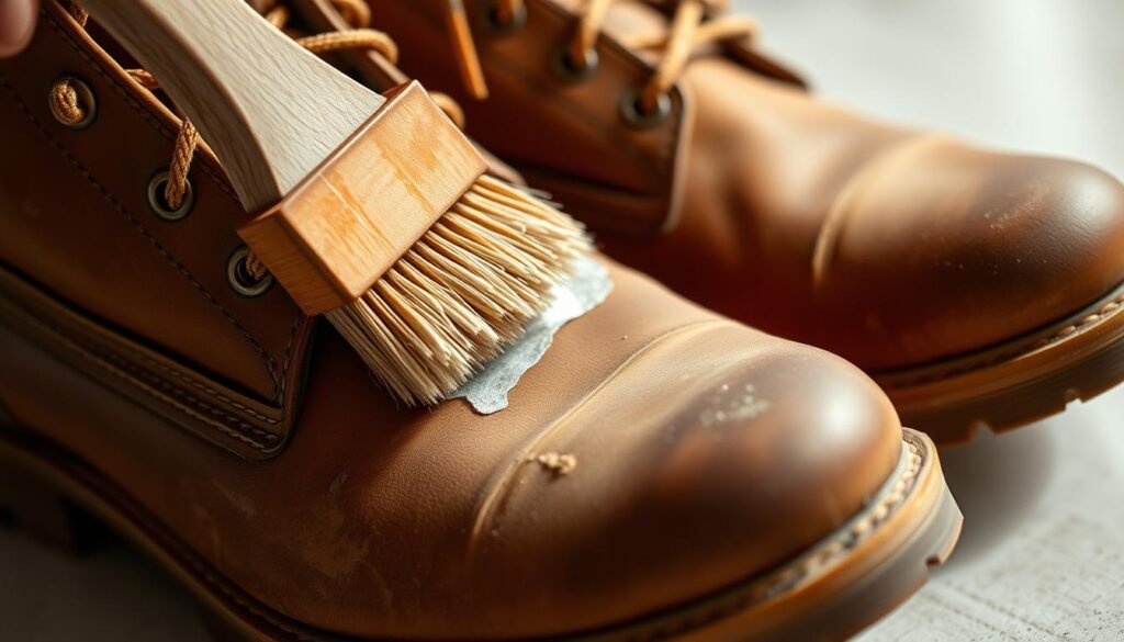 A close-up shot of the upper portion of a pair of well-worn Timberland boots, captured with a shallow depth of field and soft, natural lighting. The leather upper is being gently scrubbed with a soft-bristled brush, revealing the rich, textured grain as dirt and grime are lifted away. The boots are placed on a clean, neutral-colored surface, allowing the viewer to focus on the cleaning process. The scene conveys a sense of care and attention to detail, highlighting the importance of proper maintenance for extending the life of premium footwear. A close-up shot of the upper portion of a pair of well-worn Timberland boots, captured with a shallow depth of field and soft, natural lighting. The leather upper is being gently scrubbed with a soft-bristled brush, revealing the rich, textured grain as dirt and grime are lifted away. The boots are placed on a clean, neutral-colored surface, allowing the viewer to focus on the cleaning process. The scene conveys a sense of care and attention to detail, highlighting the importance of proper maintenance for extending the life of premium footwear.