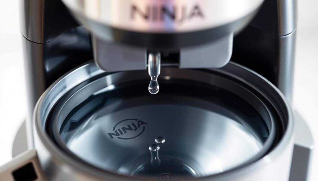 A close-up view of a Ninja coffee maker's water reservoir, the lid open and the interior visible. The reservoir is filled with clear water, reflecting the bright lighting above. The surface of the water is calm, with a few small droplets clinging to the edges. The surrounding area is clean and organized, with a white or stainless steel background highlighting the sleek design of the coffee maker. The image conveys a sense of cleanliness and attention to detail, reflecting the importance of maintaining a well-functioning coffee machine.