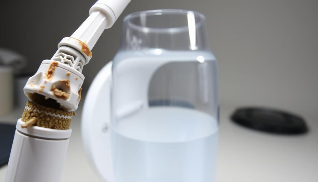 A close-up view of a Waterpik device, its internal components partially disassembled, revealing potential cleaning issues. The foreground showcases the device's nozzle and tubing, with visible build-up and mineral deposits. The middle ground highlights the water reservoir, with a cloudy, murky appearance, suggesting the need for thorough cleaning. The background features a clean, well-lit workspace, emphasizing the importance of maintaining this oral health tool. The image conveys a sense of technical focus and a desire to troubleshoot and resolve common cleaning challenges.