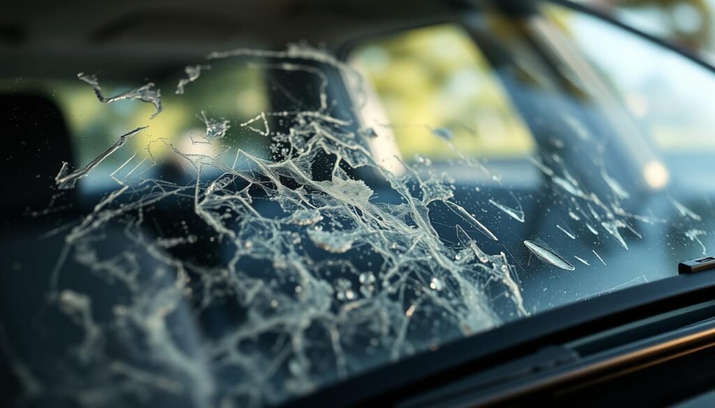 A close-up view of a car's windshield, revealing stubborn water stains and grime that have built up over time. The scene is illuminated by soft, diffused natural lighting, casting a warm, inviting glow on the glass surface. The foreground is sharply in focus, showcasing the intricate patterns and textures of the stubborn deposits, while the background is slightly blurred, creating a sense of depth and emphasizing the stains. The composition draws the viewer's attention to the specific challenge of removing these persistent blemishes, setting the stage for the article's instructions on effective windshield cleaning techniques.