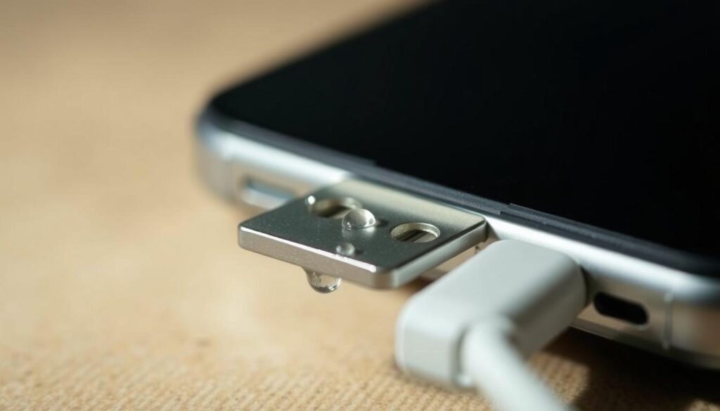 A close-up view of a charging port on a smartphone, with visible moisture droplets glistening on the metal contacts. The port is set against a blurred, neutral-toned background, emphasizing the focal point. Soft, diffused lighting casts subtle shadows, creating depth and texture. The image conveys a sense of caution and the need for careful handling, reflecting the article's focus on addressing moisture and corrosion issues without causing further damage.
