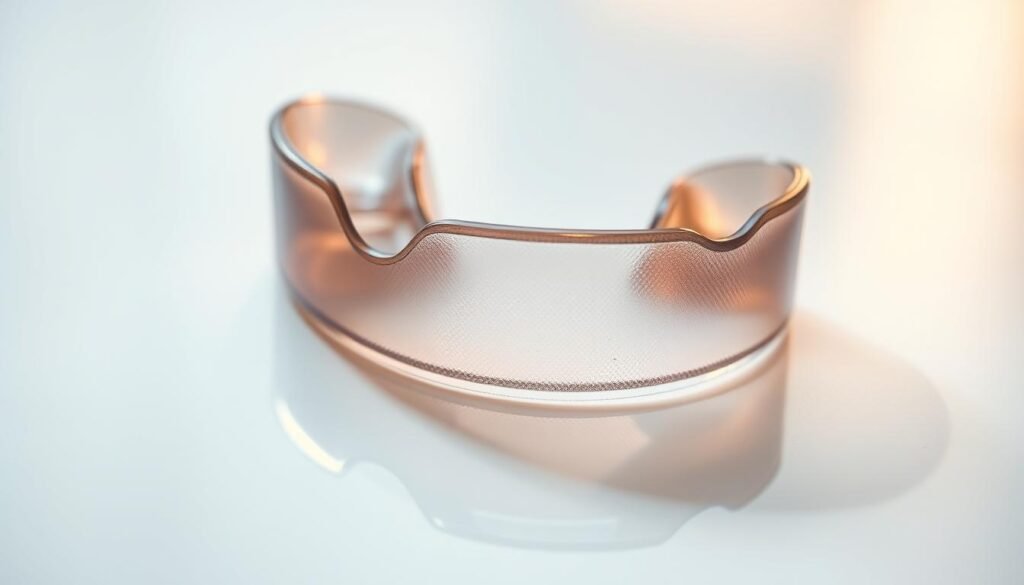 A close-up view of a clear plastic night guard resting on a white surface. The night guard is slightly curved and has a textured, mouthguard-like surface. Soft, warm lighting from the side gently illuminates the object, creating subtle shadows and highlights that emphasize its form and materiality. The background is blurred, creating a sense of focus and attention on the night guard. The scene conveys a sense of care, attention to detail, and the importance of proper dental hygiene.