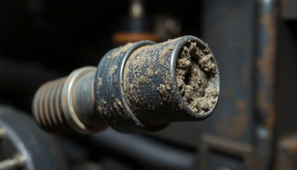 A close-up view of a dirty mass air flow (MAF) sensor, showcasing the accumulated grime and contaminants that can impair its proper functioning. The sensor is positioned against a dimly lit, industrial-style background, emphasizing the need for maintenance. The image should convey a sense of neglect, with the sensor's surface covered in a layer of dust, oil, and other debris. The lighting should be slightly moody, casting shadows that accentuate the sensor's intricate details and the severity of the contamination. This visually compelling image will effectively illustrate the "Signs Your MAF Sensor Needs Cleaning" section of the article.