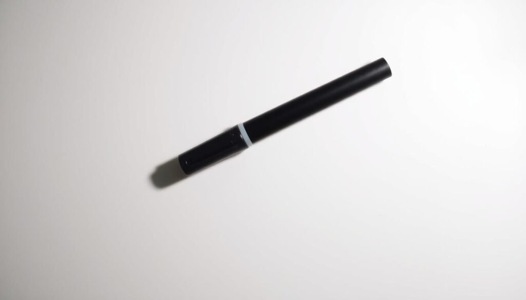 A close-up view of a dry-erase whiteboard surface, with a vibrant, thick, black permanent marker prominently displayed in the foreground, its tip slightly worn from use. The marker casts a natural shadow, adding depth and dimension to the scene. The whiteboard itself is clean, devoid of any existing markings, creating a stark contrast against the marker's bold presence. Soft, diffused lighting from an off-camera source illuminates the subject, creating a warm, studio-like atmosphere. The composition is centered, drawing the viewer's eye directly to the marker, emphasizing its importance in the context of the "How to Clean a Whiteboard Effectively" article.