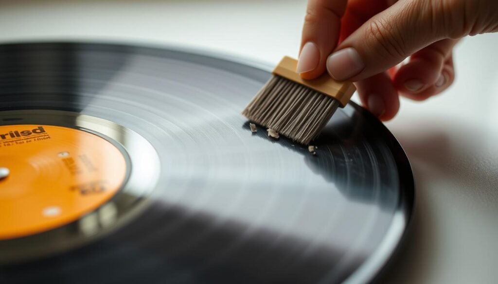 A close-up view of a hand carefully brushing a vinyl record with a soft-bristle brush, removing dust and debris from the delicate grooves. The record is placed on a clean, well-lit surface, allowing the intricate patterns of the grooves to be clearly visible. The lighting is soft and diffused, creating a sense of calm and attention to detail. The composition emphasizes the care and precision required to maintain the integrity of the vinyl's sound quality, reflecting the focus and dedication of the task at hand.