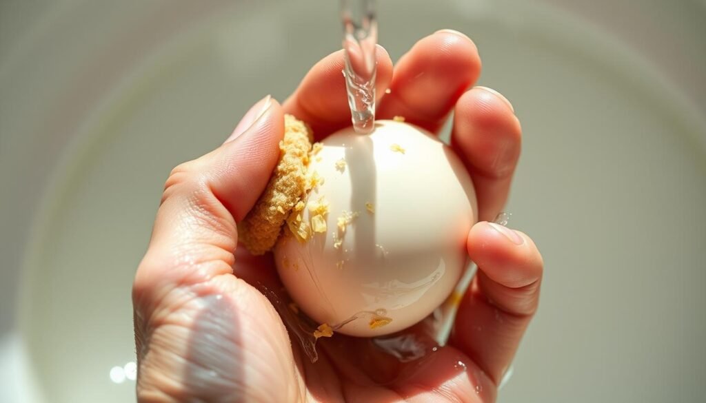 A close-up view of a hand gently scrubbing a fresh chicken egg under running water. The egg's surface is covered in stubborn, dried-on residue. Delicate fingers use a soft sponge to gently remove the stubborn matter, revealing the egg's smooth, pristine shell underneath. The scene is bathed in soft, natural lighting, casting gentle shadows that highlight the textures. The background is blurred, keeping the focus squarely on the intricate cleaning process. The overall mood is one of care and attention to detail, reflecting the importance of properly preparing fresh eggs for cooking or storage.