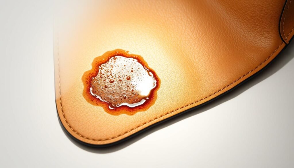 A close-up view of a leather purse, with a focused spotlight illuminating a small area on the surface. The leather is slightly worn, with a stain in the center that appears to be a mixture of oil and dirt. The purse is positioned on a clean, white background, allowing the stain and the texture of the leather to be the sole focus of the image. The lighting is soft and directional, creating subtle shadows that highlight the contours of the leather. The camera angle is slightly elevated, providing a clear and detailed view of the stain and the surrounding leather. The mood is one of careful observation and problem-solving, inviting the viewer to imagine the process of effectively removing the stain without damaging the quality of the leather.