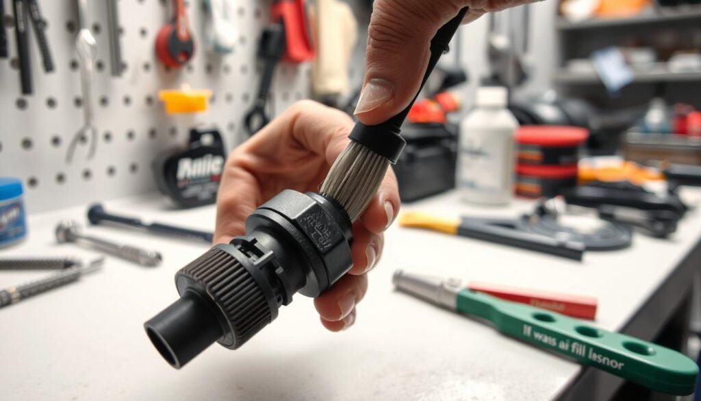 A close-up view of a mechanic's hands carefully cleaning a mass air flow sensor with a specialized brush and cleaning solution. The sensor is placed on a clean, well-lit workbench, with various tools and supplies neatly arranged in the background. The lighting is soft and diffused, creating a calm, focused atmosphere. The angle is slightly elevated, giving a detailed perspective of the delicate cleaning process. The image conveys a sense of precision, care, and the importance of properly maintaining this critical automotive component.