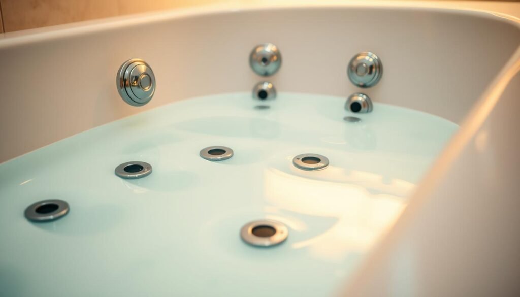 A close-up view of a modern jetted whirlpool tub, showing the maintenance bath jets in detail. The jets are positioned evenly around the tub, with their chrome surfaces gleaming under warm, diffused lighting. The tub is made of sleek white porcelain, creating a clean, spa-like atmosphere. The camera angle highlights the jets, allowing the viewer to appreciate their intricate design and function in maintaining the tub's hydrotherapy capabilities. The scene conveys a sense of relaxation and attention to detail in the tub's upkeep.