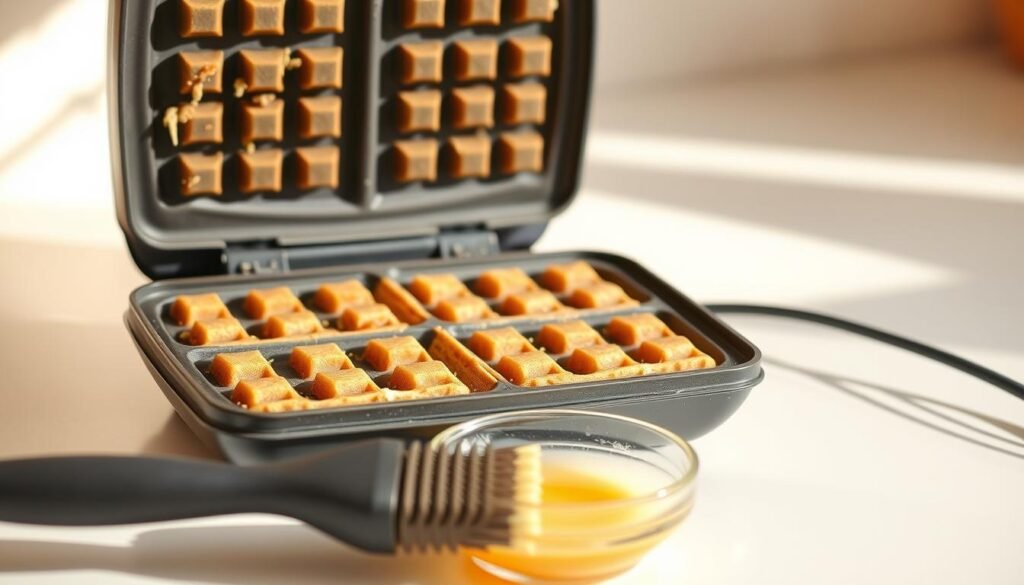 A close-up view of a non-removable waffle iron, with the lid open and the plates clearly visible. The iron is positioned on a clean, white countertop, bathed in warm, natural lighting. The plates show remnants of baked-on waffle batter, creating a realistic, lived-in appearance. In the foreground, a cleaning brush and a small bowl of warm, soapy water are present, suggesting the ongoing cleaning process. The scene conveys a sense of domestic, hands-on care, with the goal of maintaining the waffle iron's non-stick properties for future use.