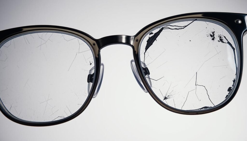 A close-up view of a pair of eyeglasses, showcasing signs of lens damage. The lenses appear scratched, discolored, and slightly warped, indicating prolonged wear and tear. Subtle cracks are visible along the edges, and the coating has begun to peel off in certain areas. The frame is slightly bent, with the metal temples showing signs of oxidation. The lighting is soft and diffused, creating a sense of introspection and the need for replacement. The background is a muted, neutral tone, allowing the damaged lenses to take center stage and emphasize the message of the section title.